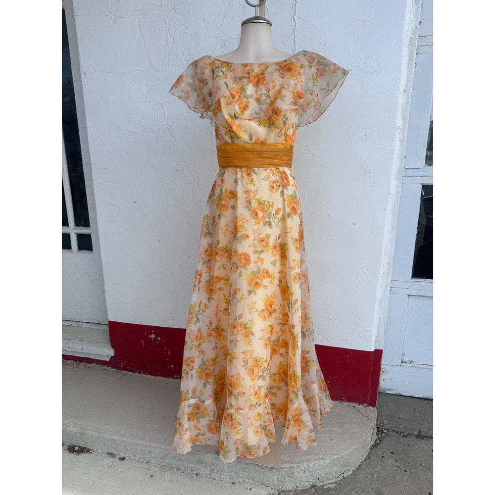 Vintage Sylvia Ann Floral Maxi Dress Orange Yellow Rose Chiffon Gown Size 6